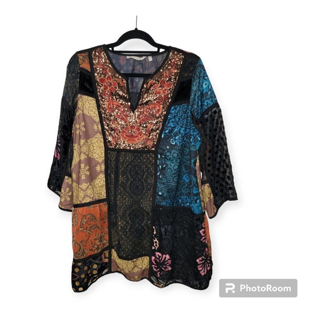 Soft Surroundings V Neck Mulit Print Multi Color Lined Tunic Size Petite Large